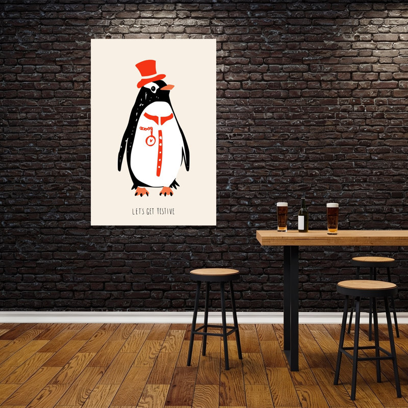 Dapper Festive Penguin Elegant Whimsical Contemporary Bird Penguin Winter Wall Art Print 1 Piece Wrapped Canvas Wall Art