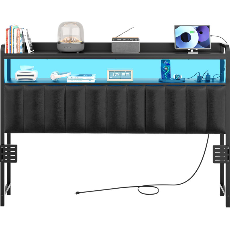 Upholstered Headboard with LED Lights and Charging Station, Full XL