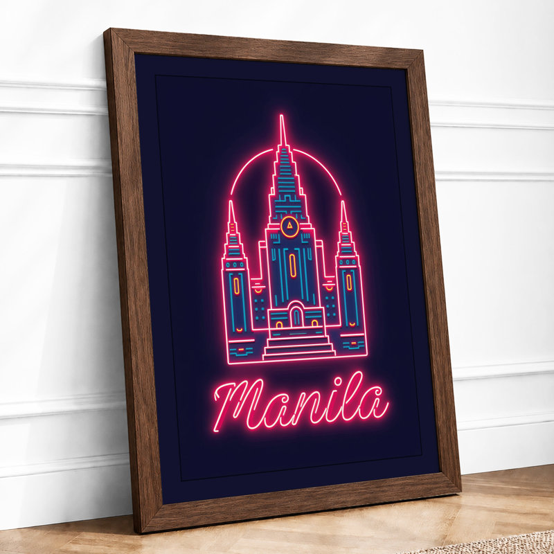 Neon Manila Church Retro - Framed Print, A3 - 42.0 x 29.7 cm, Walnut