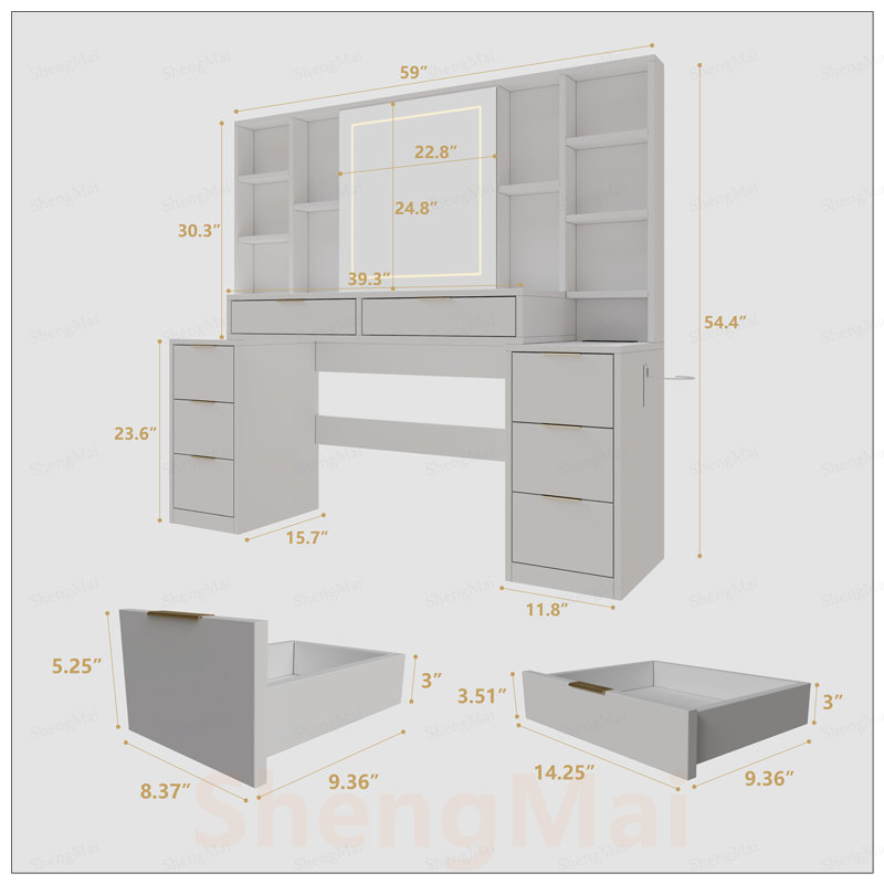 Grand bureau de coiffeuse avec lumières DEL réglables, 8 tiroirs et tablettes ouvertes pour un rangement organisé et des routines de beauté améliorées