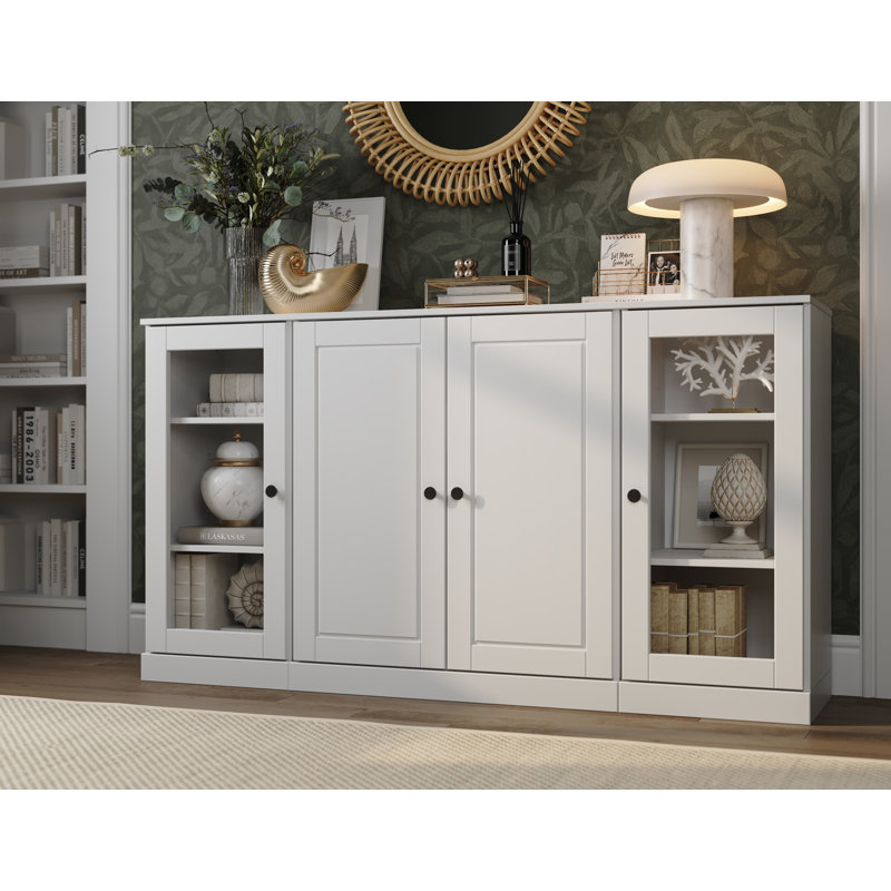Kyreigh 100% Solid Wood 65" Sideboard with Solid, Clear Glass Doors and Adjustable Shelves, White