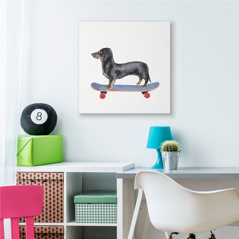 Chien teckel sur planche à roulettes bleue, Toile tendue, H 36 po x l 36 po x P 1,5 po