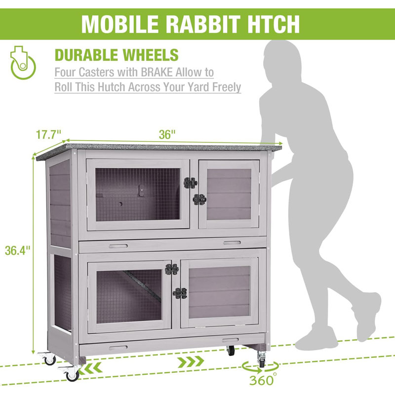 Cage à lapin mobile d'intérieur et extérieure avec porte centrale ouverte Rabbit Hutch, Gris