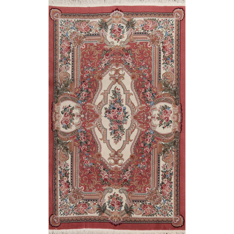 Tapis rouge / vert / ivoire en laine noué à la main de conception unique 5 pi 9 po x 8 pi 9 po