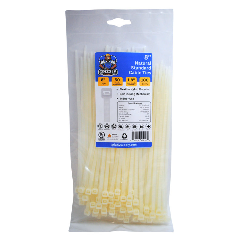 8" 50lb Standard Cable Tie 100/bag, Natural