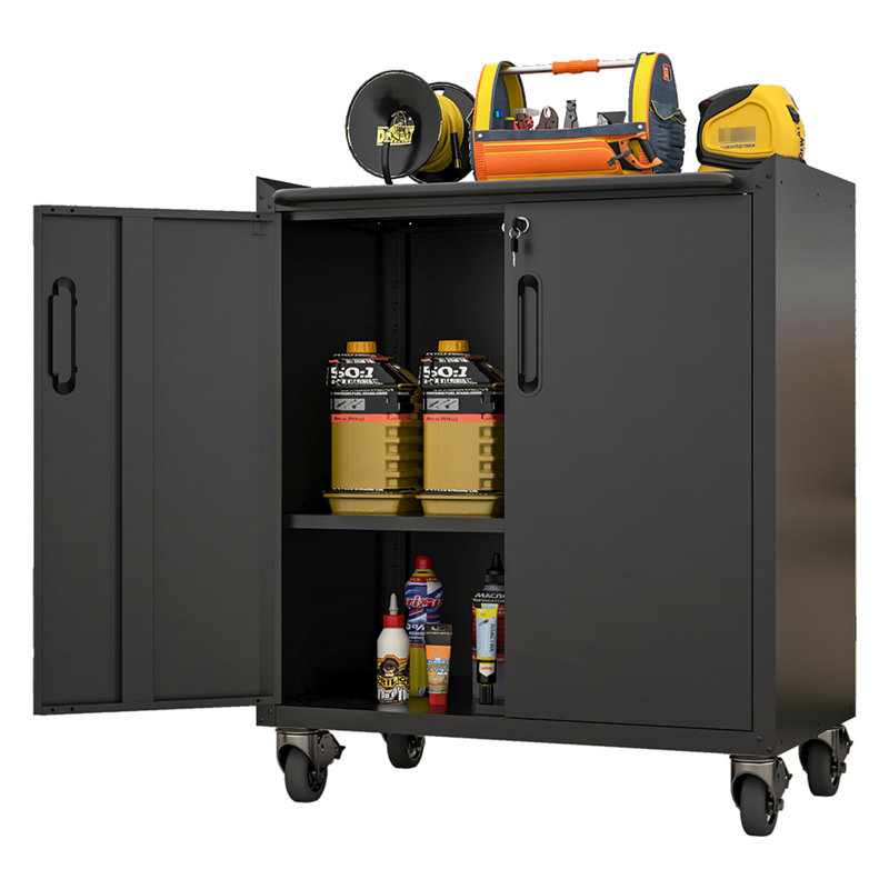 Heavy-Duty Metal Rolling Storage Cabinet - Strong And Practical For Garage, Office, Home. Adjustable Shelves, Lockable Wheels Smooth Mobility, Raised Top Surface To Item Rolling, Cabinet. Black