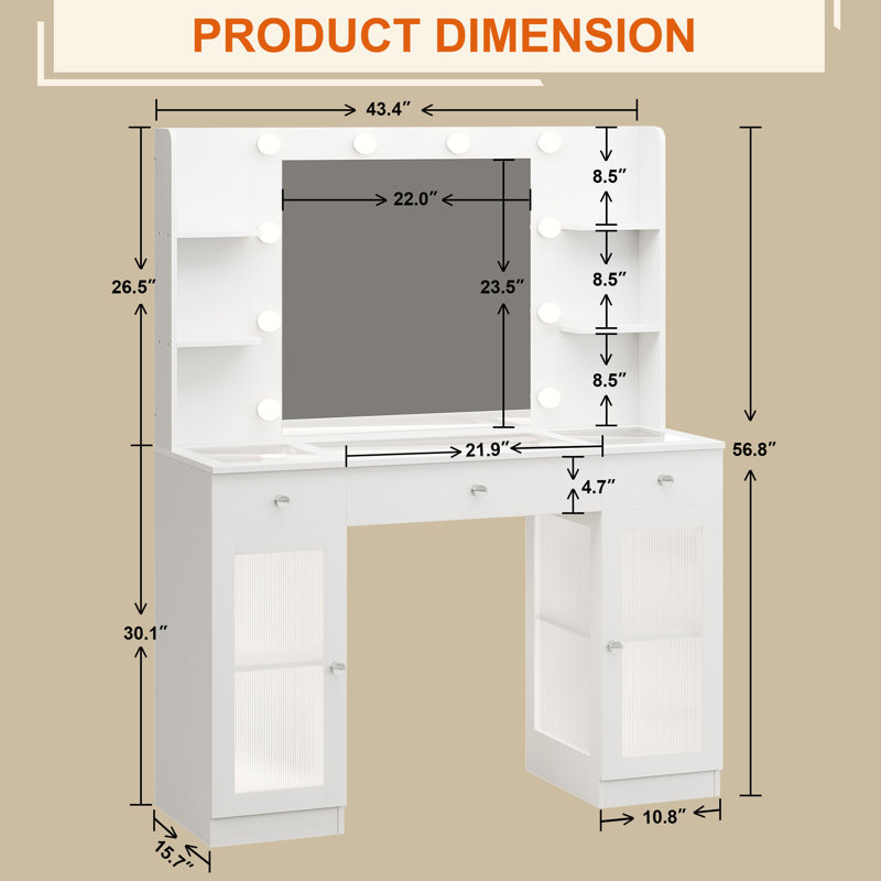 Meuble-lavabo avec plateau en verre IFSEB, bureau de coiffeuse blanc avec miroir et lumières, grand meuble-lavabo avec tiroirs et armoires pour la chambre à coucher, meuble-lavabo mignon avec boutons en cristal et prise de courant pour femme