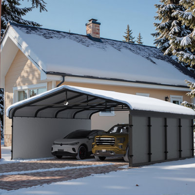 Abri d'auto extérieur en acier galvanisé de 20 pi x P 20 pi avec paroi latérale en tissu et structure en métal, garage robuste avec lampe solaire pour voitures, camions, véhicules récréatifs, protection contre la neige et les rayons UV