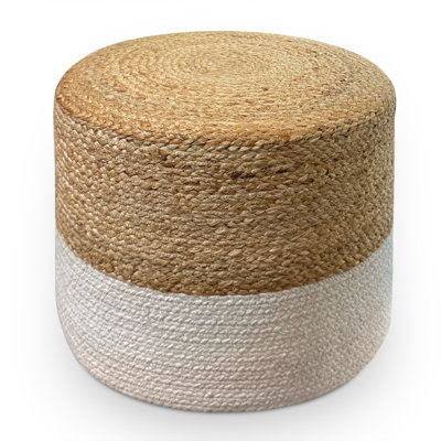 Natural Braided 18" Wide Duo Pouf - Handwoven Jute and Cotton Blend Ottoman – Ideal for Indoor or Covered Outdoor Use - Stylish and Multi-functional as ottoman, footrest, & decor