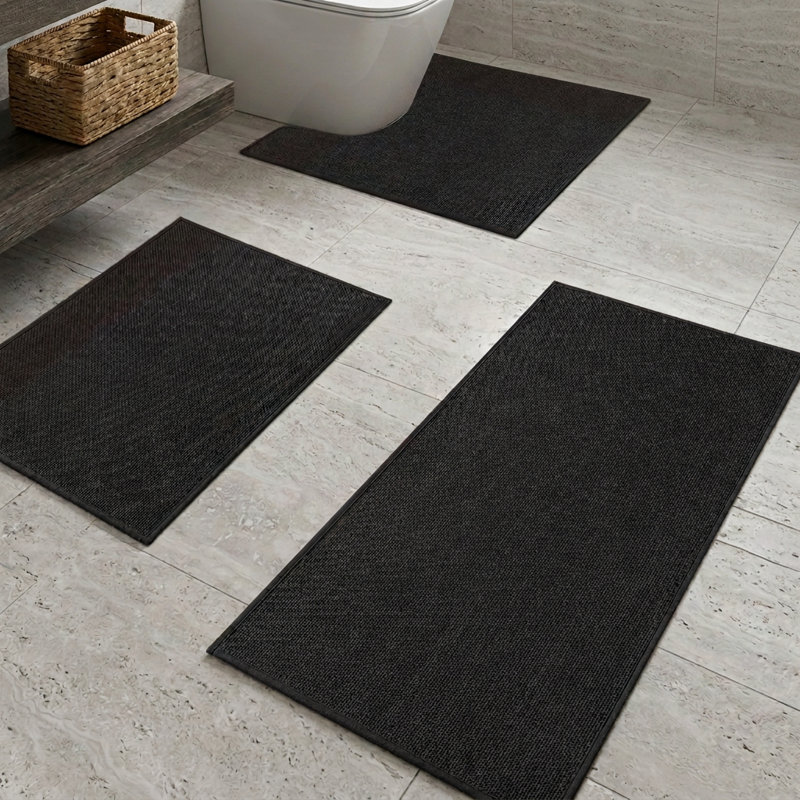 Ensemble de tapis de bain 3 pièces à aspect lin texturé avec envers antidérapant, Noir