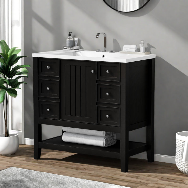 Ensemble de meuble-lavabo 36 po avec lavabo, une armoire et trois tiroirs, Noir