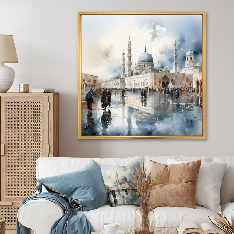 «Mosquée blanche et bleue», art mural, Cadre flottant doré, H 30 po x l 30 po x P 1,5 po