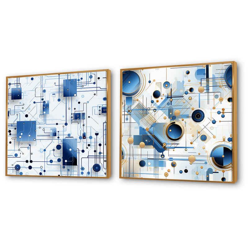 Daanya - Ensemble de 2 impressions sur toile à formes abstraites, Encadrement doré, H 36 po x l 73 po x P 1,5 po