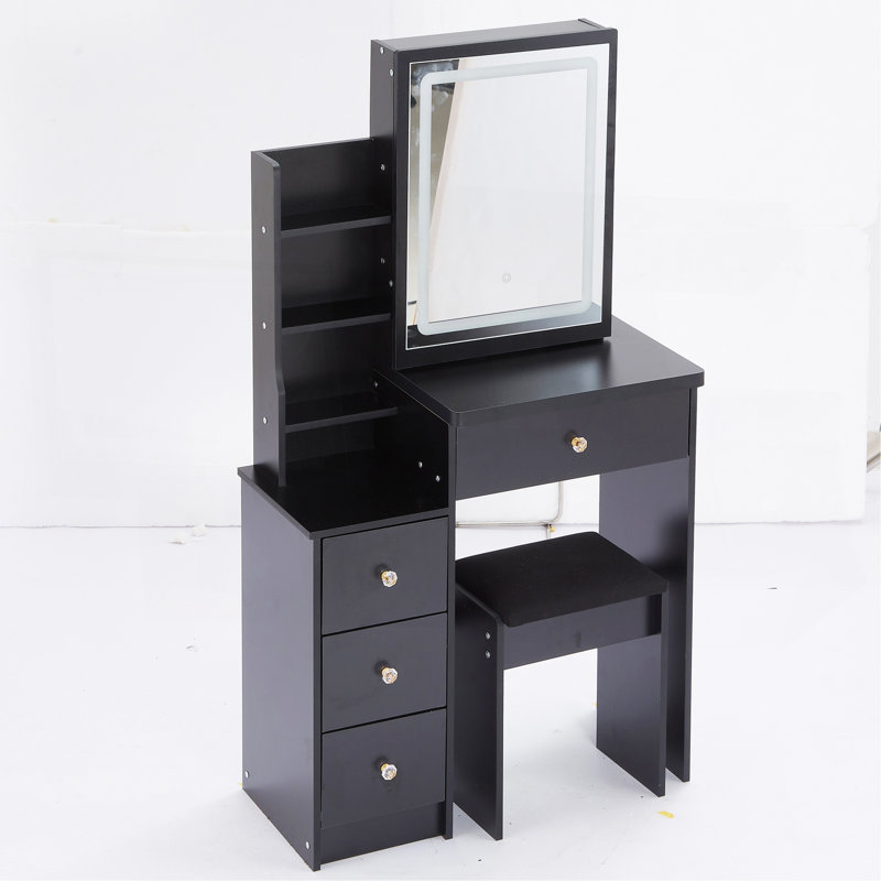 29.2" Small Size Left Bedside Cabinet Vanity Table + Cushioned Stool, Large Sliding, Touch Control, Tri-Color Switching, Brightness Adjust LED Mirror, High Capacity Storage, Suitable For Small Space