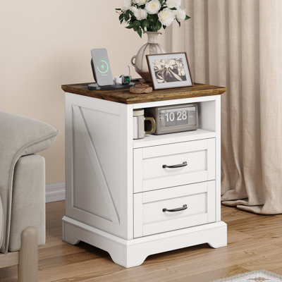 Farmhouse Nightstand with Charging Station, 2 Drawers Bed Side Table, 18 inch Wide End Table for Bedroom, Living Room by August Grove