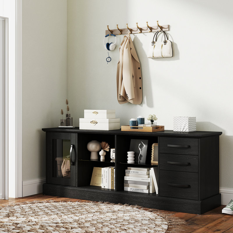 63'' Media Console Table w/ 3 Drawers 2 Glass Shelves Cable Holes for Living Room, Black