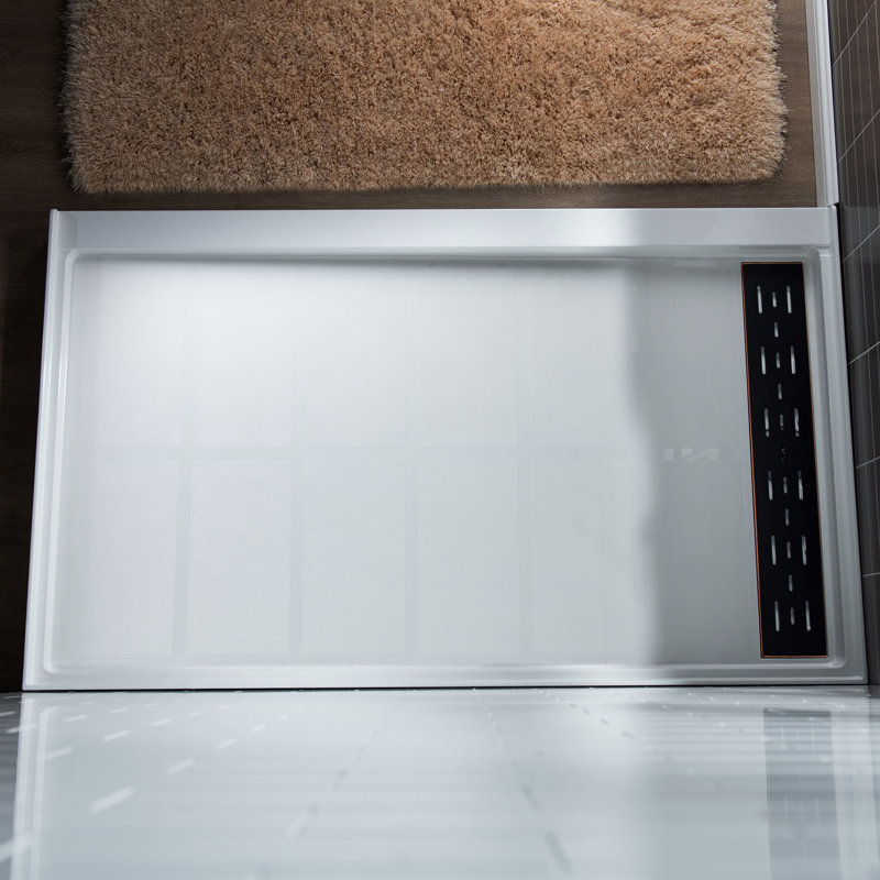 60" W x 30" D  Solid Surface Single Threshold Shower Pan Base with Drain Assembly & Drain Cover Included, Non-Slip, Right