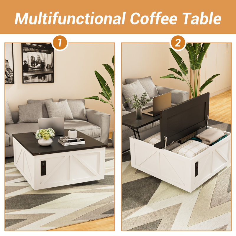 Wrought Studio™ 36 Lift Top Coffee Table With Storage, Square Coffee Table For Living Room With Led Light & Power Outlets, Farmhouse Coffee Table With Large Hidden Storage Compartment