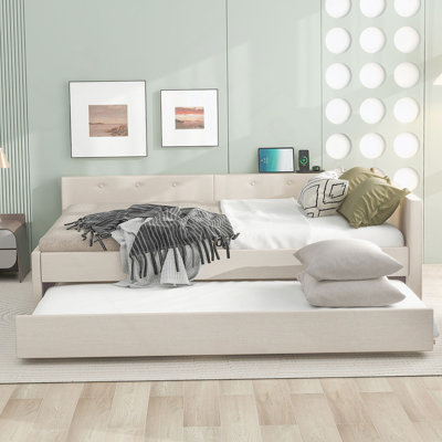 Upholstered Platform Bed with USB and Twin Size Trundle