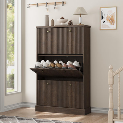 Fluted Shoe Cabinet Storage with 3 Flip Drawers, Wooden Fluted Narrow Shoe Organizer with Adjustable and Removable Shelves, Freestanding Slim Shoe Storage for Entryway Hallway
