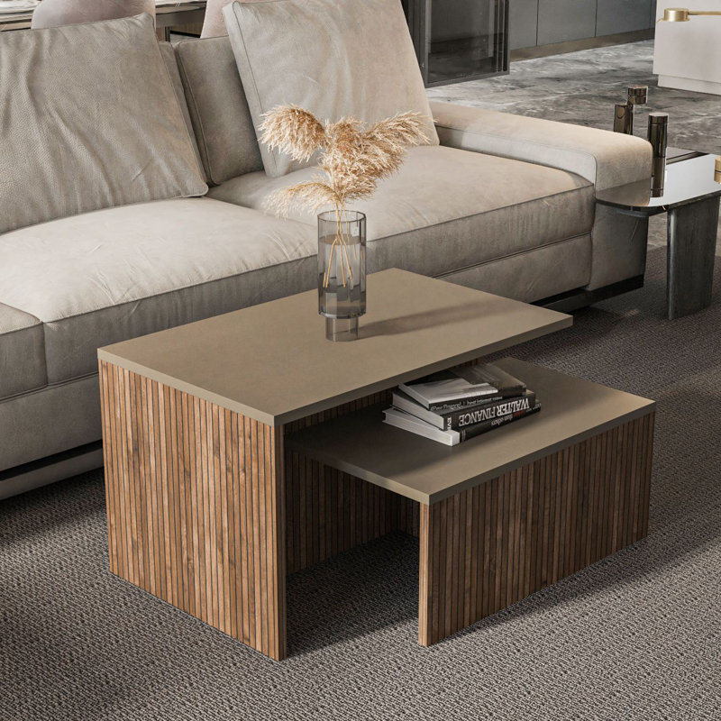 Bruce Modern Nesting Table Set (2 Pieces), Taupe & Oak, Large: 28.3 x 16.5 x 17.7 inches | Small: 23.6 x 10.6 x 10.6 inches | 100% Melamine Coated Particle Board, Durable & Stylish for Living Room & Office Spaces