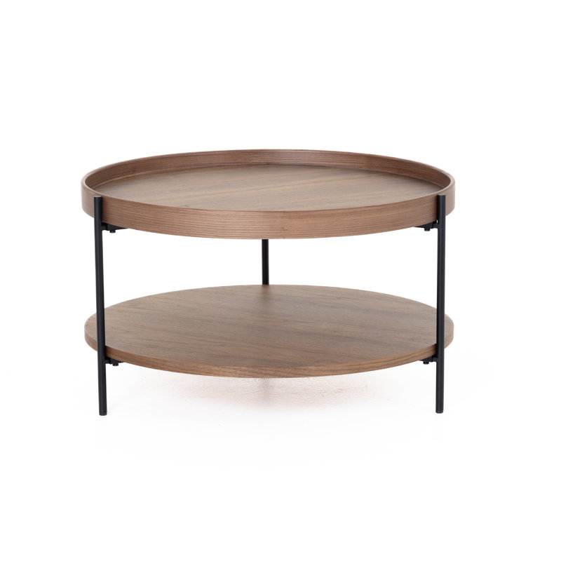 Walnut Round Solid Wood Coffee Table with Metal Legs and Storage