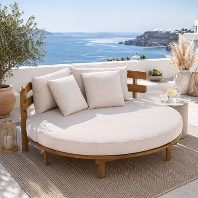 59“ Round Outdoor Patio Daybed, Lounging, Acacia Wood, Curved Slatted Backrest, Contemporary Minimalist, Poolside