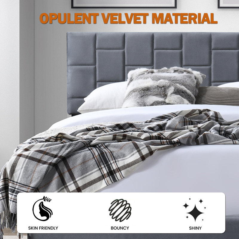 Velvet Platform Bed Frame With Adjustable Headboard, Gray, Queen