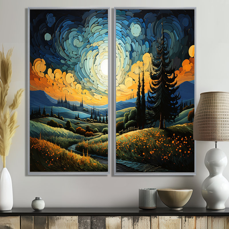 Vangogh le cyprès se balançant III - Paysages Vangogh, art mural 2 panneaux, 32" H x 32" W, Impression encadrée flottante