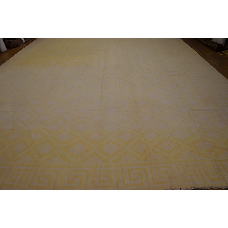 Light Yellow Gold Color Antique Indian Flatweave Geometric Oversized Cotton Dhurrie Rug