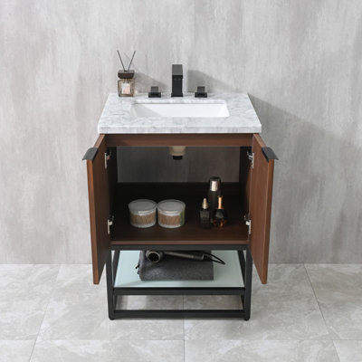 24'' Freestanding Single Bathroom Vanity with Natural Carrara Marble Top, Ceramic Undermount Sink, Soft-Close Doors and Open Shelf,Walnut