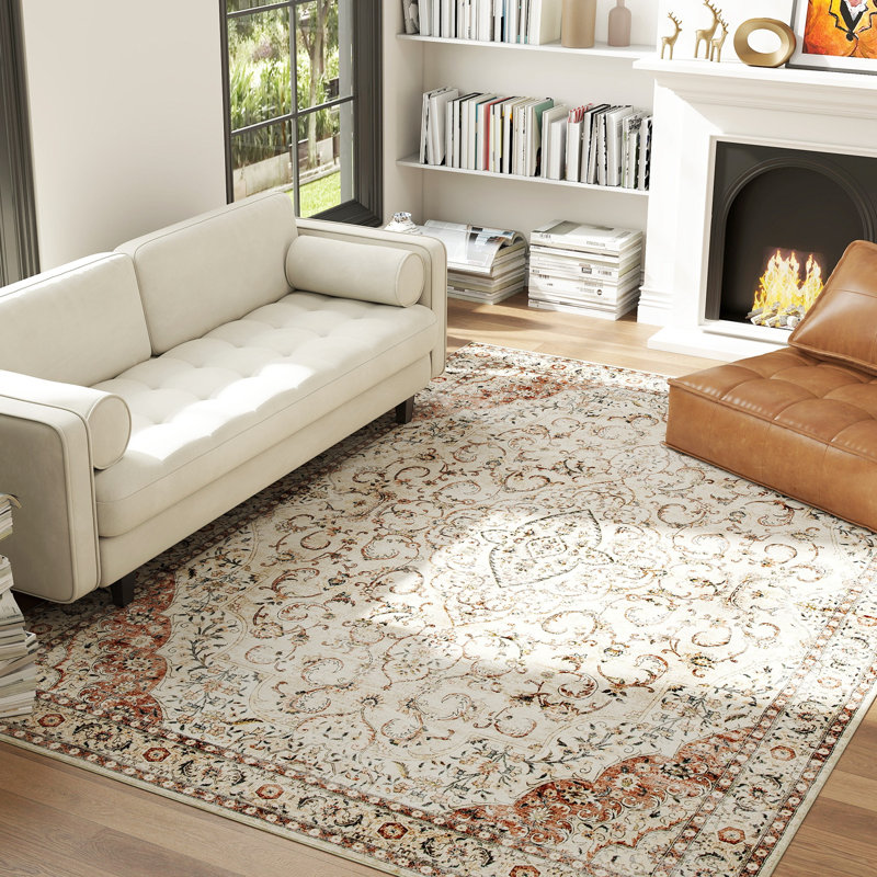 Area Rug 8x10, Machine Washable Rug, Non-Slip Classical Floral Print Floor Cover Foldable Carpet for Living Room, Bedroom, Dining Room, Mixed-Brown