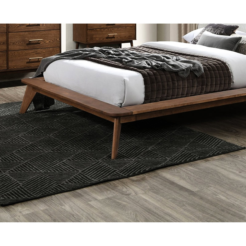 Lit double avec tête de lit à oreilles en tissu beige noyer, style Mid-Century moderne, plateforme en bois massif, angles coniques pour chambre à coucher
