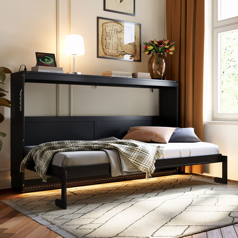 Lit escamotable simple pliant sur le côté avec éclairage DEL et prise USB intégrée, Twin, Black