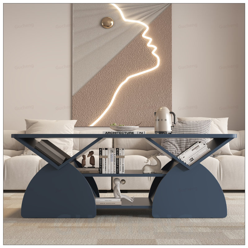 Table basse de coin rectangulaire en bois d'ingénierie avec tablettes ouvertes, assemblage facile et conception géométrique moderne pour le salon