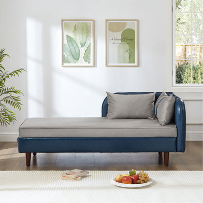 65" Storage Chaise Lounge Sofa Navy Blue PU and Light Gray Velvet