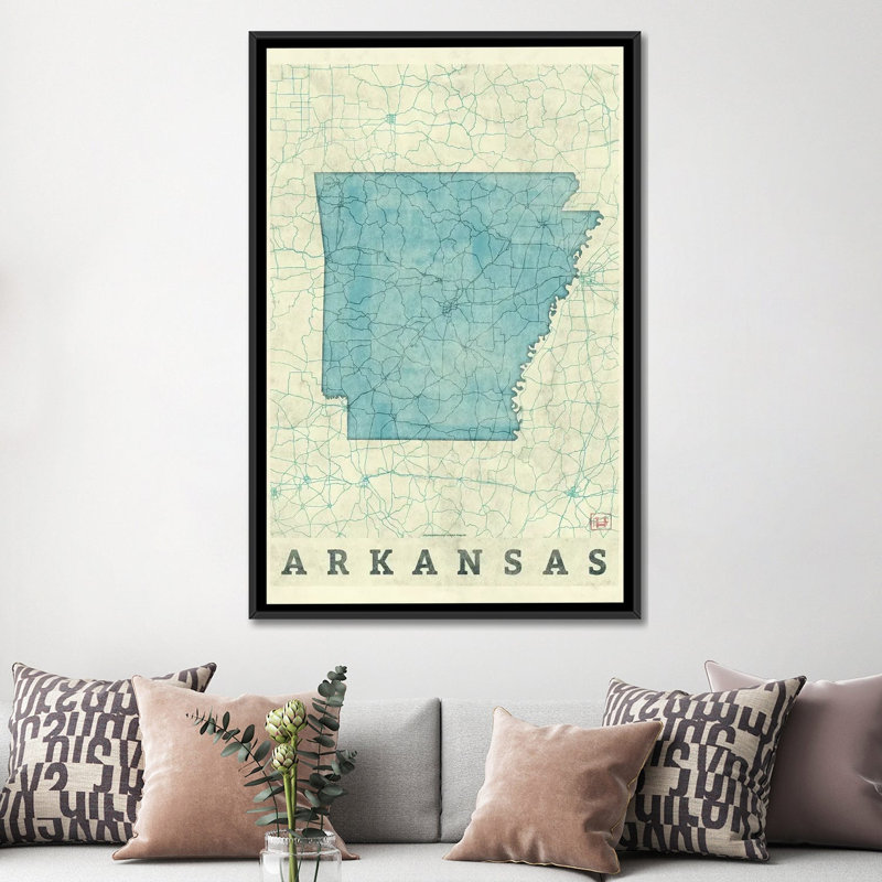 «Arkansas Map», impression sur toile, H 26 po x l 18 po x P 1,5 po, Toile avec cadre noir, Pas de tapis