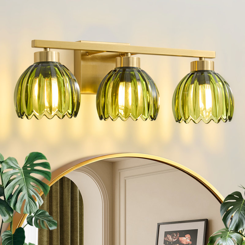 3-Light Dimmable Vanity Light With Green Vintage Floral Tulip Glass Shade, Green, 3 Lights