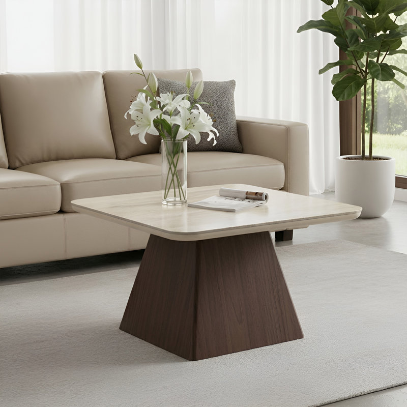 Modern Rectangular Travertine Textured Stone Coffee Table With Solid Wood Base For Living Room, Beige