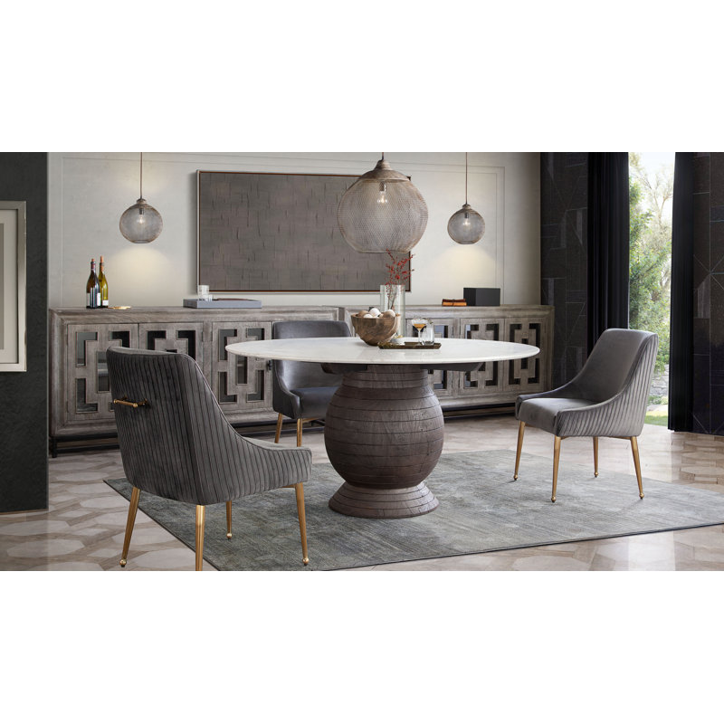 Ashe Round Dining Table W/ Genuine White Marble Top And Solid Acacia Wood Base In Espresso Finish
