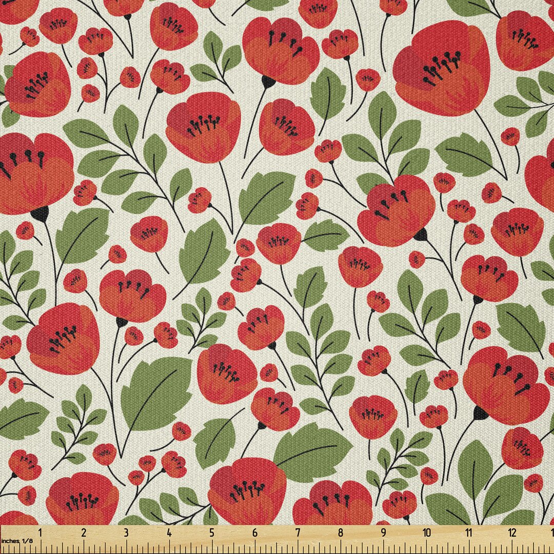 Stoff als Meterware, Natur Retro Arrangement, Mohn, Beige Grün Rot