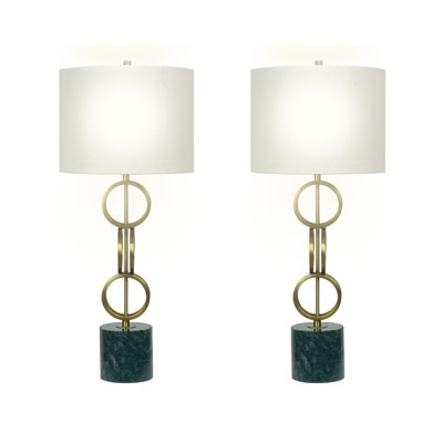 Marble Harmony Metal Table Lamp - Green Marble Base - Matte Gold Bronze - Set of 2