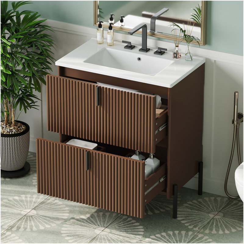Meuble-lavabo de 30 po avec lavabo en céramique, équipé de poignées verticales et de tiroirs pleine extension, meuble-lavabo autoportant avec glissières de tiroir à fermeture en douceur, conception cannelée, brun foncé