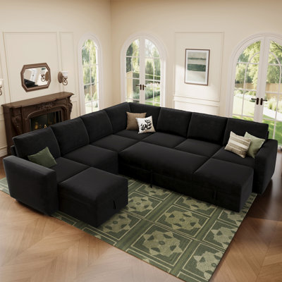 Lynmouth Modular Sleeper Sectional Sofa With Storage Velvet Black