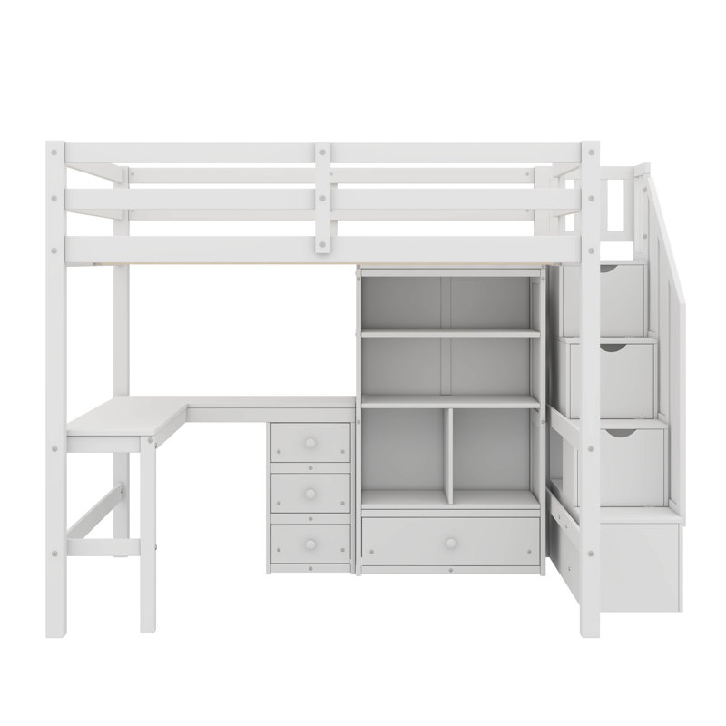 Lit mezzanine double avec bureau, armoire et escalier de rangement, Blanc