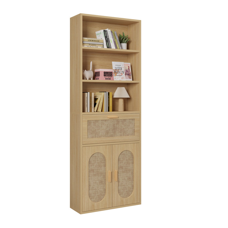 Vitrine en rotin brun clair avec 3 couches, 1 tiroir, 2 portes, H 70,86 po