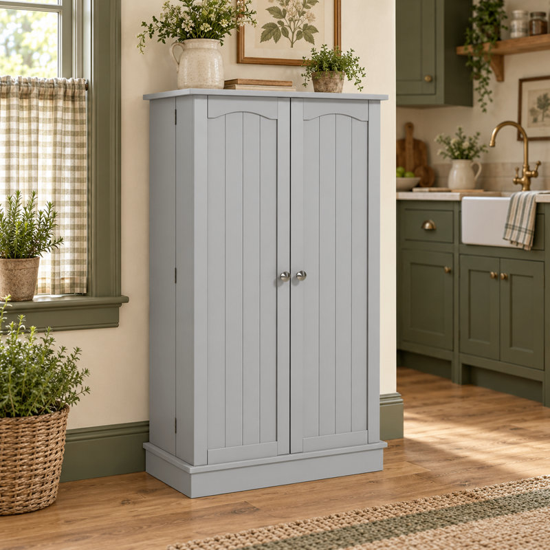 Armoire de rangement moderne de style campagnard à cinq niveaux réglables, avec douze étagères et portes doubles à panneaux, idéale pour la cuisine et la salle à manger.