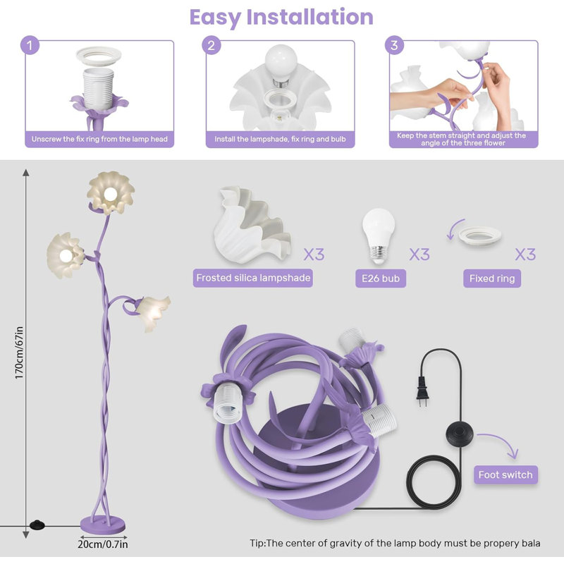 Lampe sur pied rétro à 3 têtes pour salon, 3 modes de couleur DEL, Mauve
