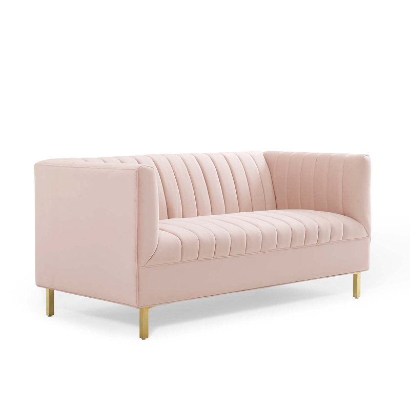 Pink Velvet Tufted Loveseat with Gold Legs