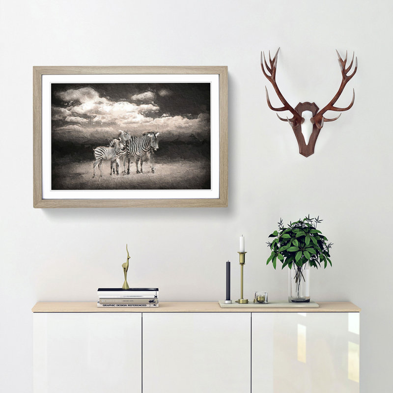 Three Zebras in the Wild - Picture Frame Painting Print, 48cm H x 65cm W x 2cm D, Oak Framed
